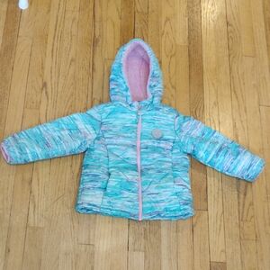 Girls Mint Aqua Hooded Puffer Jacket with Pink Lining